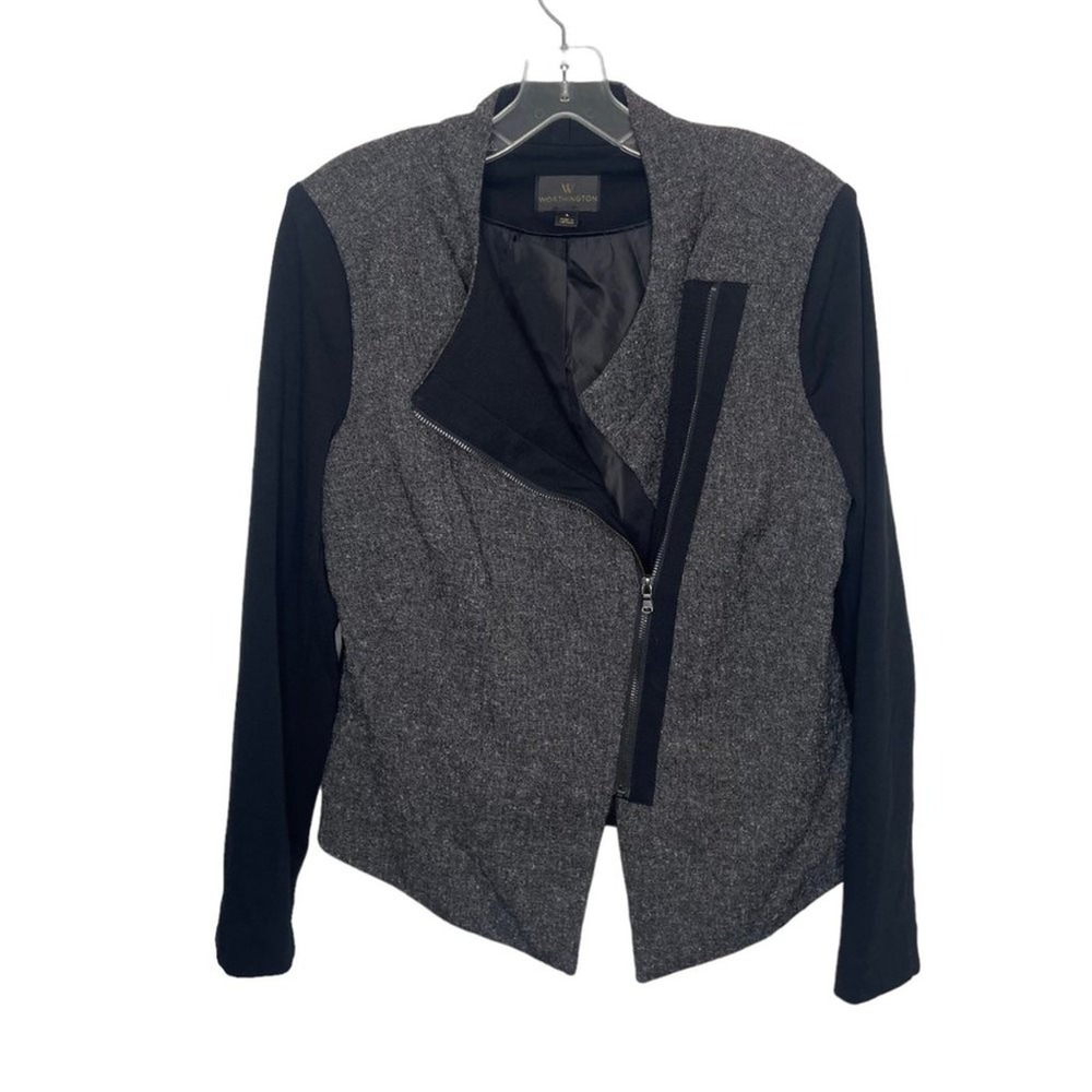 Worthington Womens Grey Tweed Asymmetrical Zip Mixed Media Moto Jacket Large